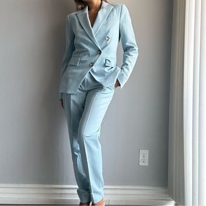 Topshop Set of Asymmetric Blazer and High Rise Straight Leg Suit Pants Icy Blue